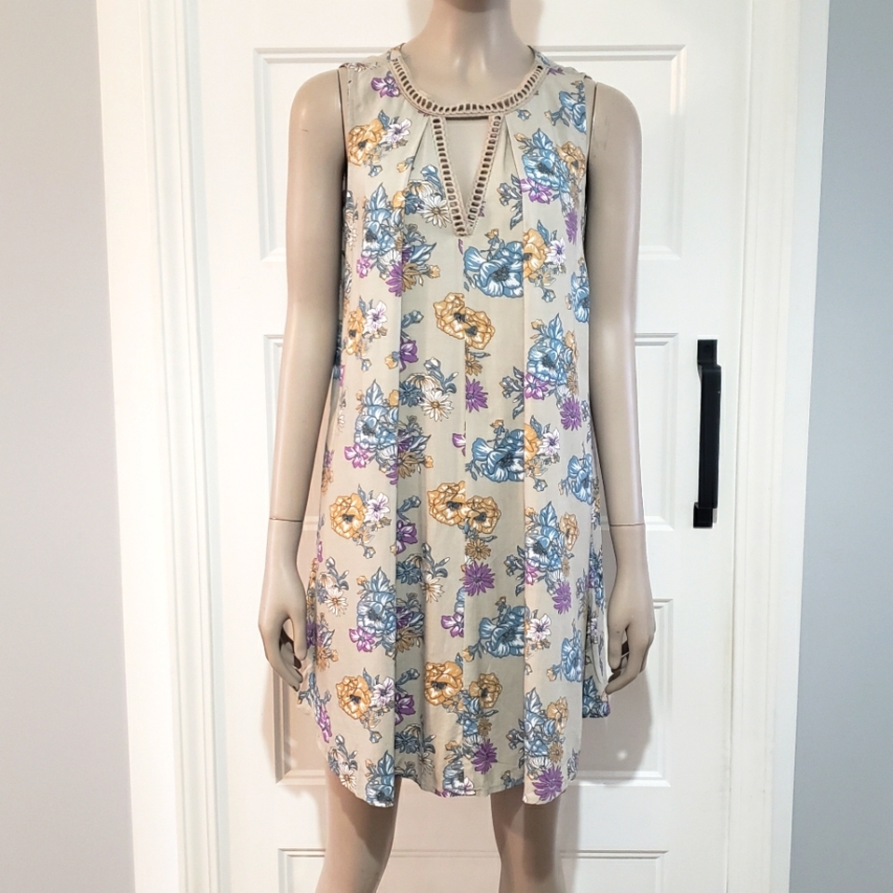 Umgee Womens S Babydoll Floral Mini Dress Keyhole Crochet Trim Beige Purple Blue